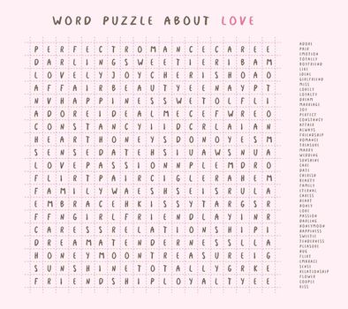 Valentines day word puzzle crossword - find the listed words about love in the brain work puzzle. attentiveness test, riddle game in English. words are located forward and down