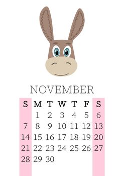 Calendar 2021. Monthly calendar for November 2021 from Sunday to Saturday. Yearly Planner. Templates with cute hand drawn face animals. Vector illustration. Great for kids. Calendar page for print.