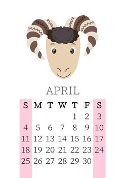 Calendar 2021. Monthly calendar for April 2021 from Sunday to Saturday. Yearly Planner. Templates with cute hand drawn face animals. Vector illustration. Great for kids. Calendar page for print.