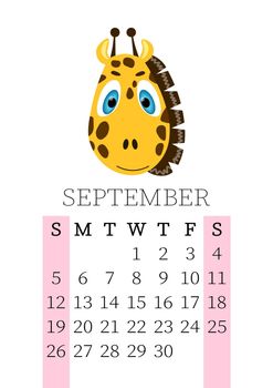 Calendar 2021. Monthly calendar for September 2021 from Sunday to Saturday. Yearly Planner. Templates with cute hand drawn face animals. Vector illustration. Great for kids. Calendar page for print.