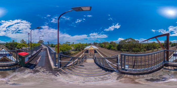 Spherical 360 panorama photograph of the commuter carpark bridge at the Valley Heights Train Station