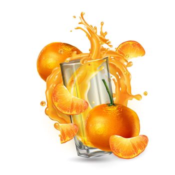 Splash of fruit juice in a glass among mandarins.