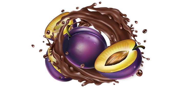 Whole and sliced plums in a chocolate splash.