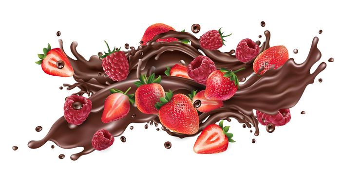 Splash of liquid chocolate and fresh strawberries and raspberries.