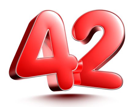 Red numbers 42 isolated on white background illustration 3D rendering with clipping path.