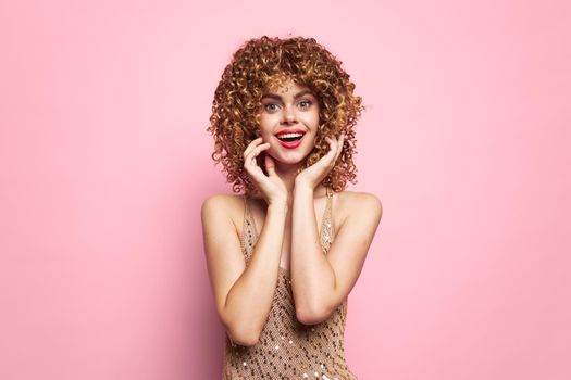 woman elegant Dazzling smile curly hair appearance isolated background