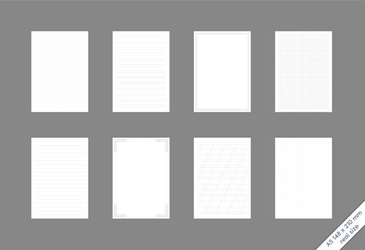 set of A5 sheets with a different pattern checkered, narrow and wide lines, dots, empty with a frame. the actual real size of the sheets is 148 x 210 mm