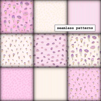 seamless pattern set, cartoon hand-drawn sweets donuts and ice cream, delicate pastel pink beige lilac colors. patterns for printing packaging wrapping banners textiles fabrics