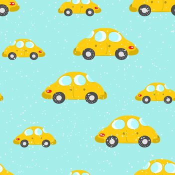 Seamless pattern with cute cars on blue background. Cartoot transport. Vector illustration. Doodle style. Design for baby print, invitation, poster, card, fabric, textile