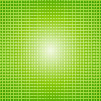 Polka dots green background. Vector halftone illustration. Geometric monochrome dotted pattern. Pop art cover with bubbles in contrast colors. Template design for poster, banner, card, flyer.