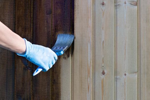 Painting a wooden wall with brown paint with a brush