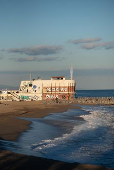 Mar Bella Beach on the Barcelona seafront at the time of Covid 19 in the winter of 2021.