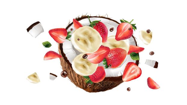 Slices of coconut, banana and strawberry in flight.