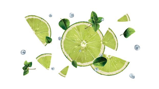Lime slices, mint leaves and water droplets in flight.