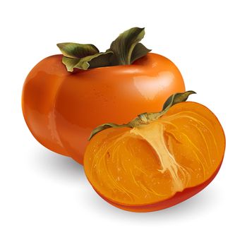 Whole and half persimmon on a white background.