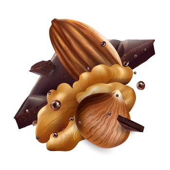 Hazelnuts, almonds and walnuts with chocolate pieces.