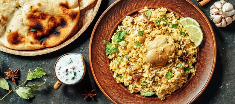 Pakistani chicken biryani rice, top view, copy space