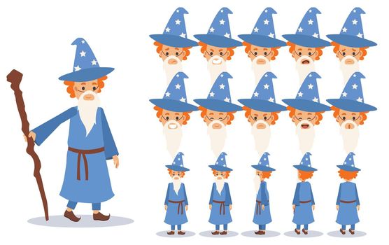 Little Boy in wizard costume for Halloween festival.trick or treat. Front, side, back view animated character.Vector Cartoon style, flat vector illustration.