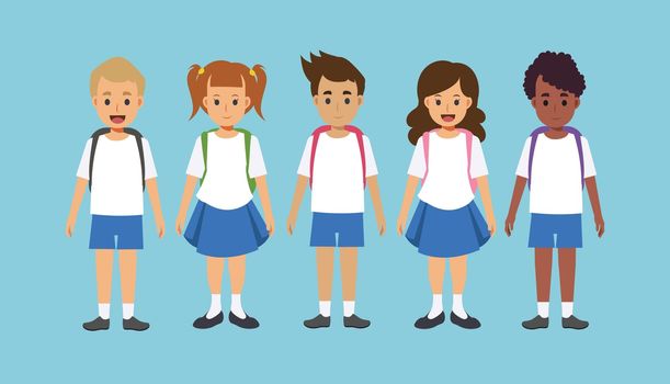Vector flat cartoon character of  a group of different nationalities children wearing school uniform with backpacks.