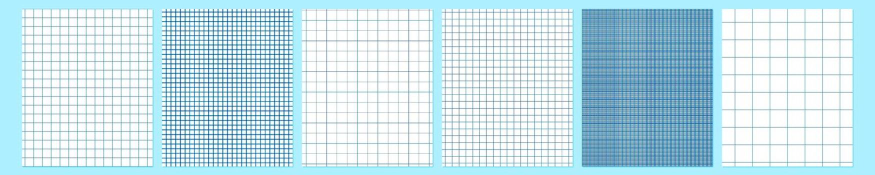 Grid paper set. Abstract squared background with color graph. Geometric pattern for school, wallpaper, textures, notebook. Lined blank A4 isolated on transparent background. Millimeter graph grid.