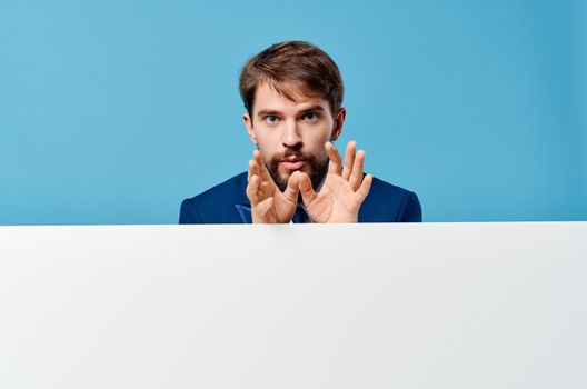 business man emotions presentation mockup blue background white banner