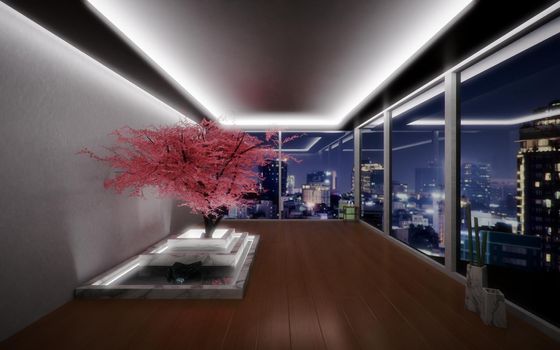 Zen-like room with a pink cherry tree in an interior space with view to a city at night. Modern architecture, decoration. Digital render.