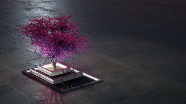 Purple tree in a zen-like marble bed. Fantasy background with large negative space. Digital render.