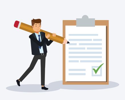  business man with a giant pencil on his shoulder nearby marked paper on a clipboard paper. Successful completion of business agreement. Flat vector illustration.
