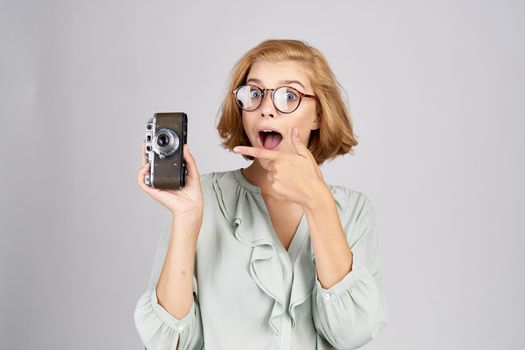 pretty blonde with phone technology communication studio. High quality photo