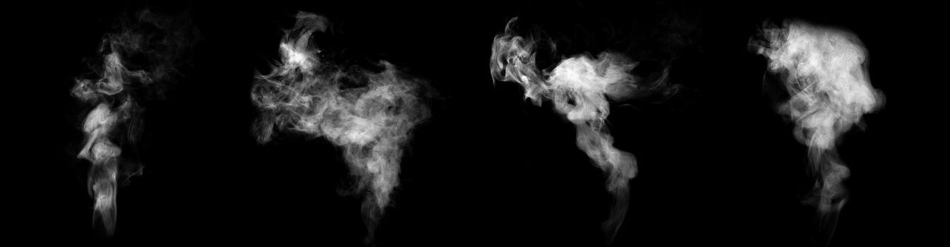 Set of streams of steam isolated on black background
