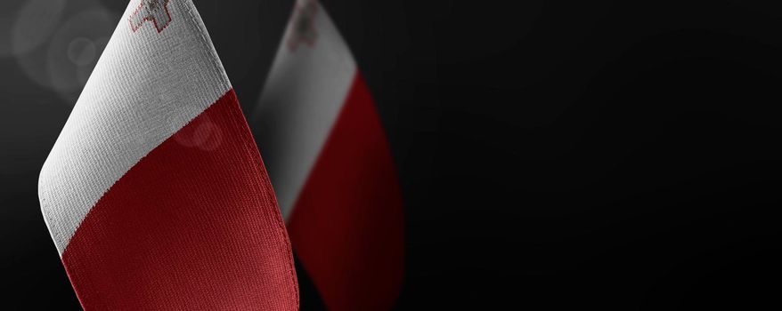 Small national flags of the Malta on a dark background