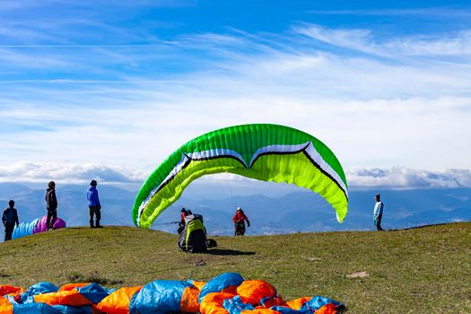 Monte San Vicino, Italy - November 1, 2020: Paragliding in the mountains.