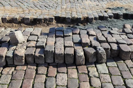 Detailed close up on old historical cobblestone roads and walkways
