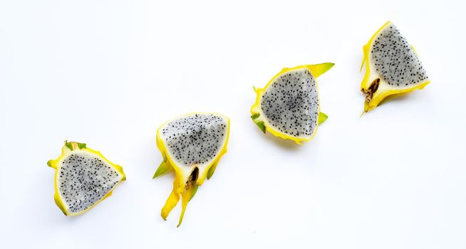 Yellow pitahaya or dragon fruit on white background. 