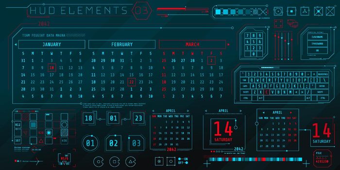 A set of HUD calendars elements for a futuristic interface.