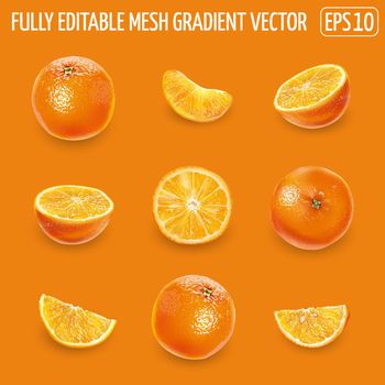 Set of ripe oranges on an orange background.