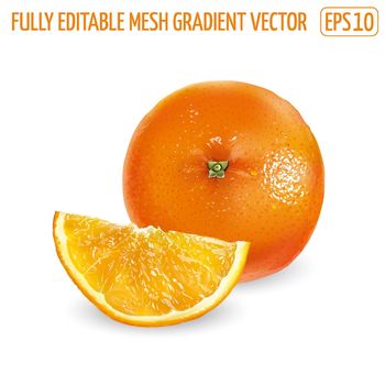 Whole orange with cut slice on a white background.