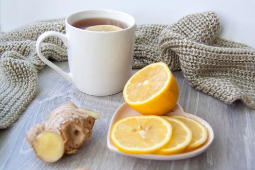 Ginger tea with lemon. Season of colds and infections. Strengthening of immunity. 