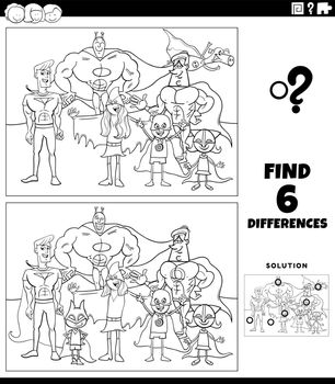 differences educational game with super heroes color book page