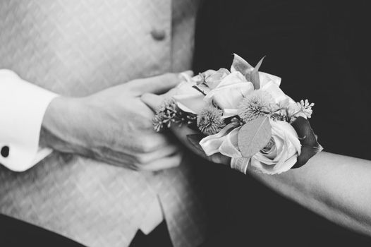 Black and white photo of Wrist Corsage