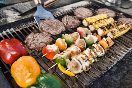 Burgers and Kebabs on Barbecue Grill
