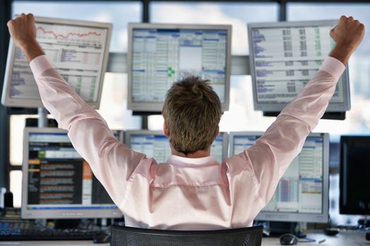 Rear view of stock trader celebrating while looking on coumputer screens