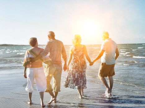 Rear view of two couples walking together on tropical beach
