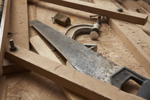 Carpenter's Saw and Clamp Among Wood Shavings