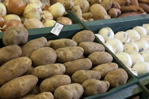 Potatoes on display in produce market