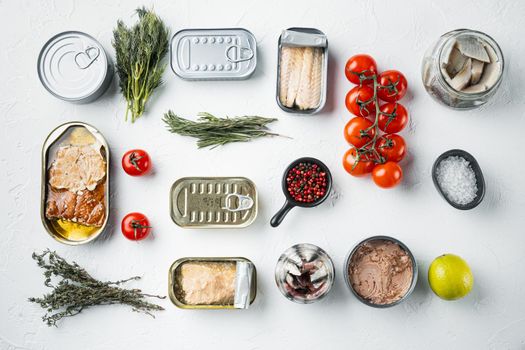 Canned fish, top American preserves, on white background with herbs and ingredients, top view flat lay