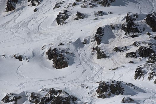Skiers in action at the Freeride World Tour 2021 Step 2 at Ordino Alcalis in Andorra in the winter of 2021.