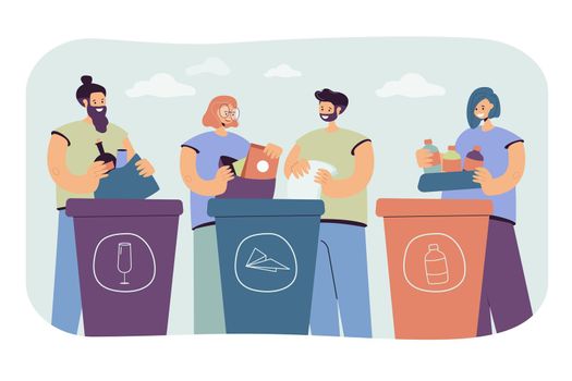 Positive people sorting trash isolated flat vector illustration