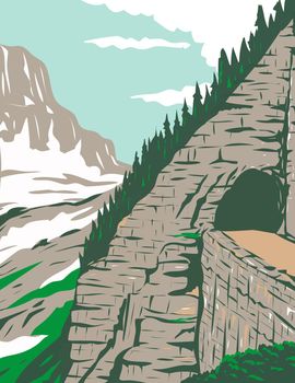 Going-to-the-Sun Road in Eastside tunnel and Mt. Reynolds Glacier National Park Montana United States WPA Poster Art