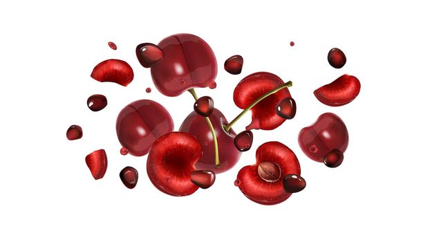 Cherries, pomegranate grains and drops of juice flying on a white background.